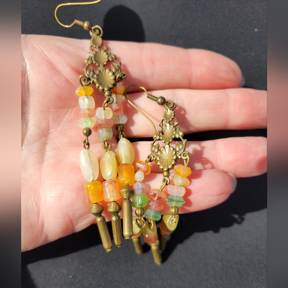 Boho Natural Stone Chandelier Earrings Antique Gold Dangle Vintage Inspired